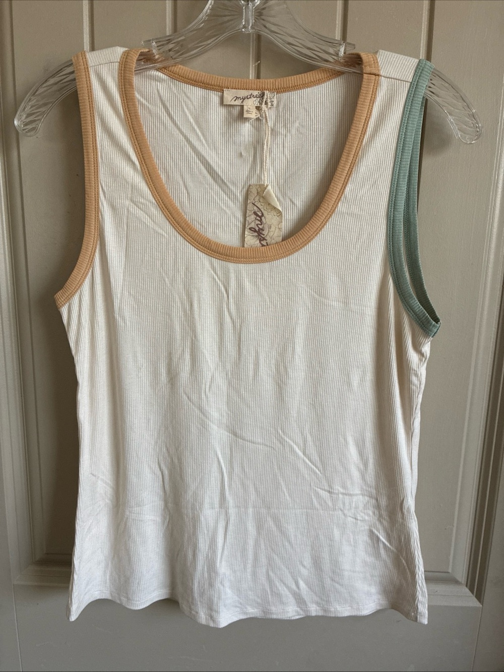 Mystree White Ribbed Tank with Tan and Sage Trim